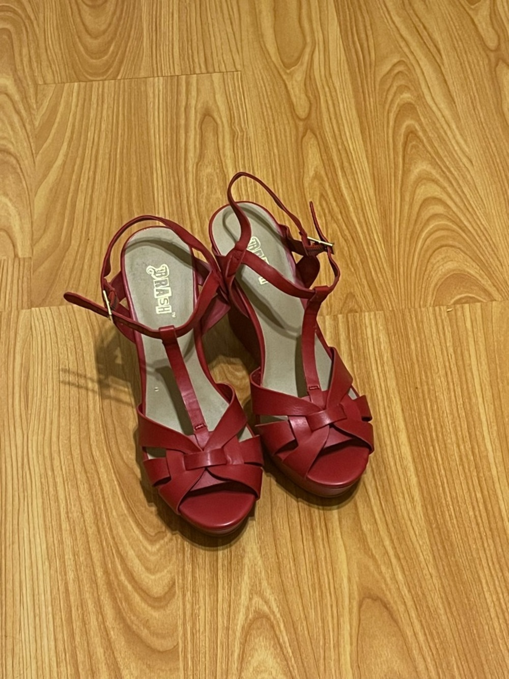 Ash Red Woven T-Strap Platform Heels